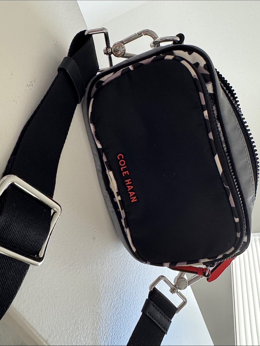 Cole Haan Black Mini Crossbody with Red Logo and Printed Trim